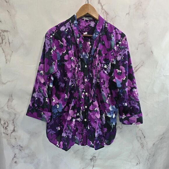 Foxcroft Shirt Womens 16 XL Purple Floral Button Up Popover Lightweight Shaped - Picture 1 of 14